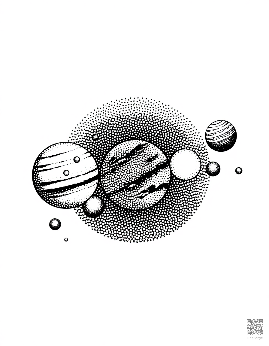 solar system with all planets in order coloring page Stipple style - free printable