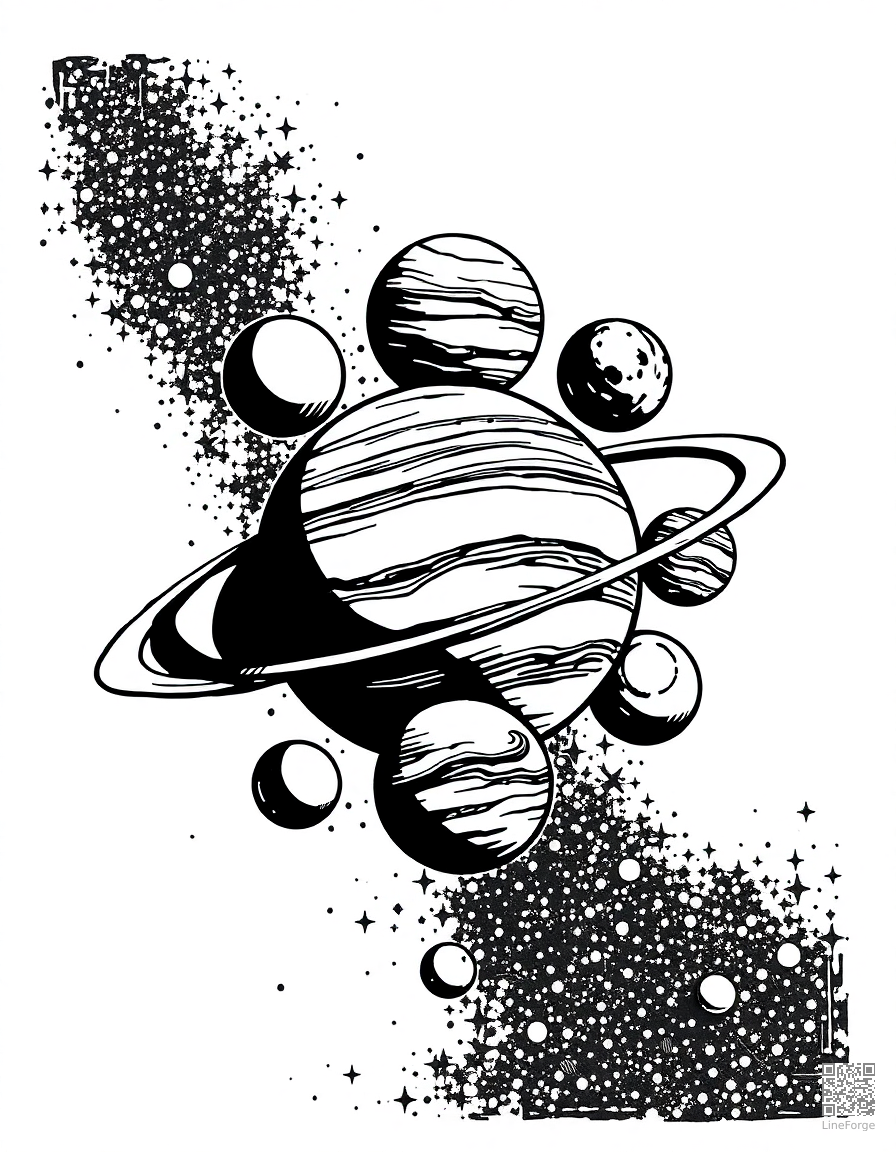 solar system with all planets in order coloring page Woodcut style - free printable