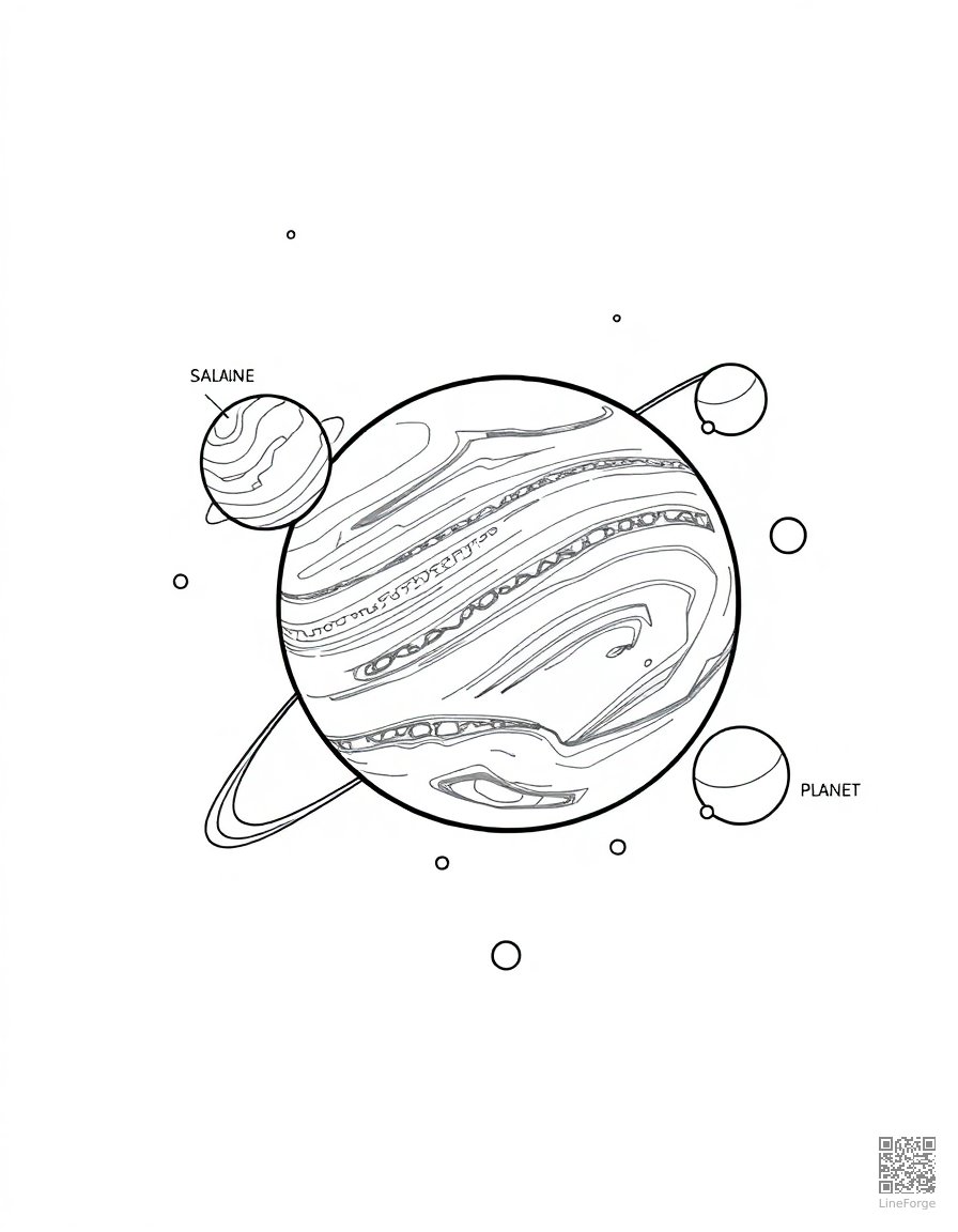 Free solar system with all planets labeled coloring page in manga style — printable line art