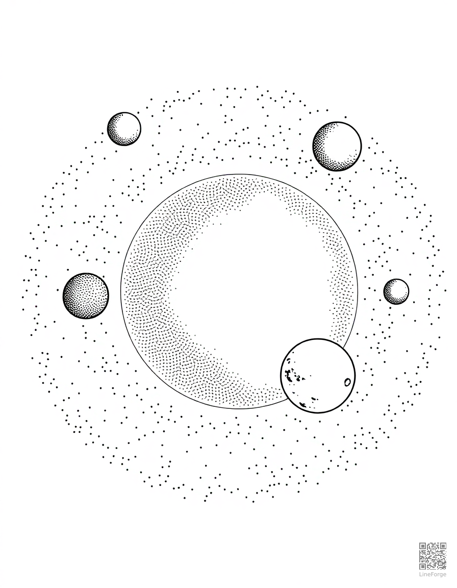 Free solar system with all planets labeled coloring page in stipple style — printable line art