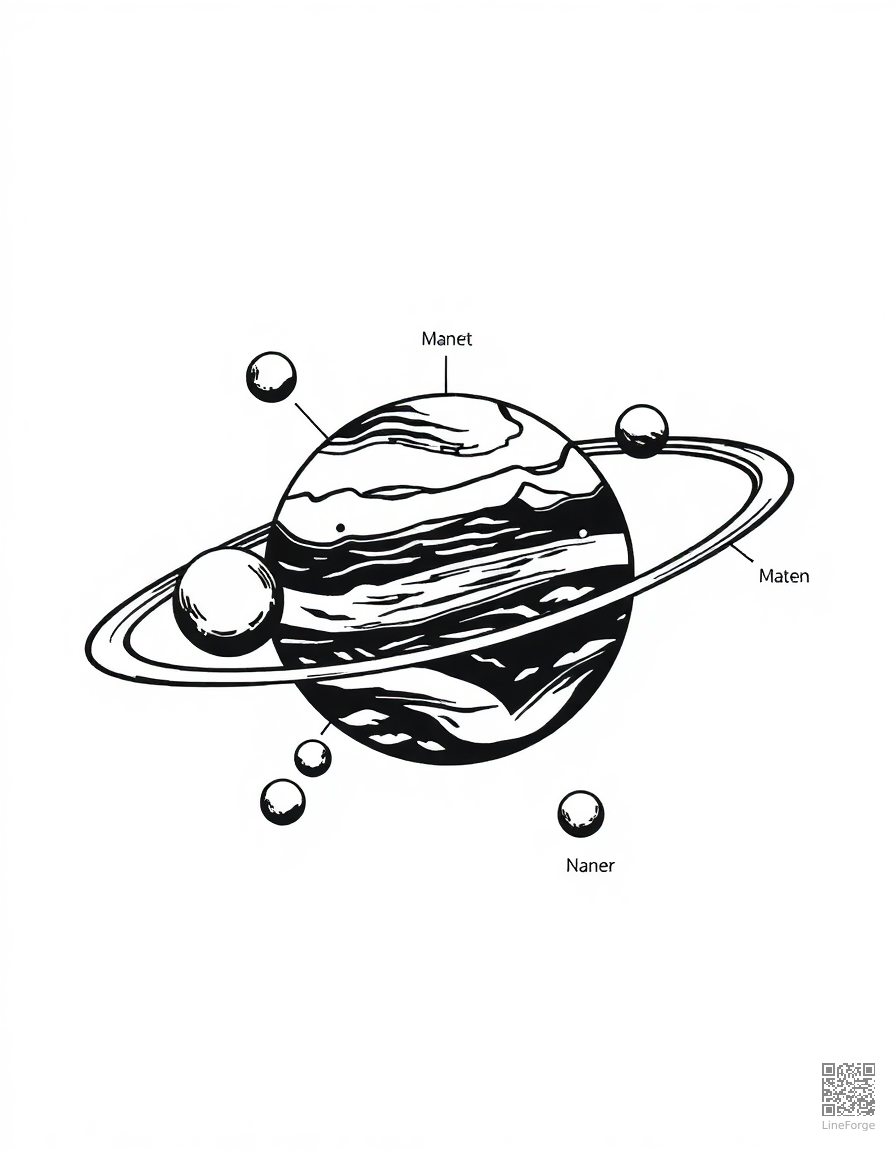 Free solar system with all planets labeled coloring page in woodcut style — printable line art