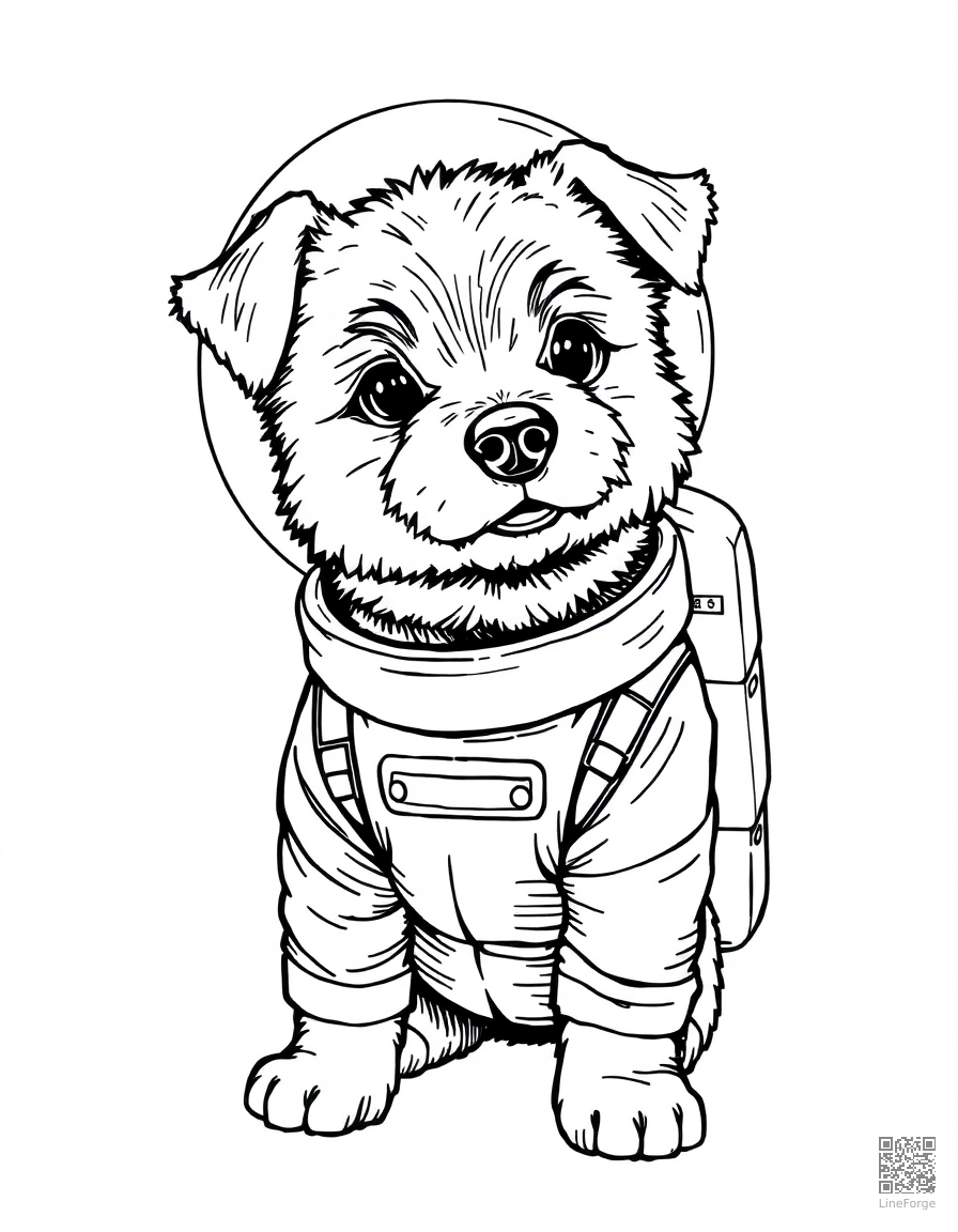 space dog in an astronaut suit coloring page Crosshatch style free printable