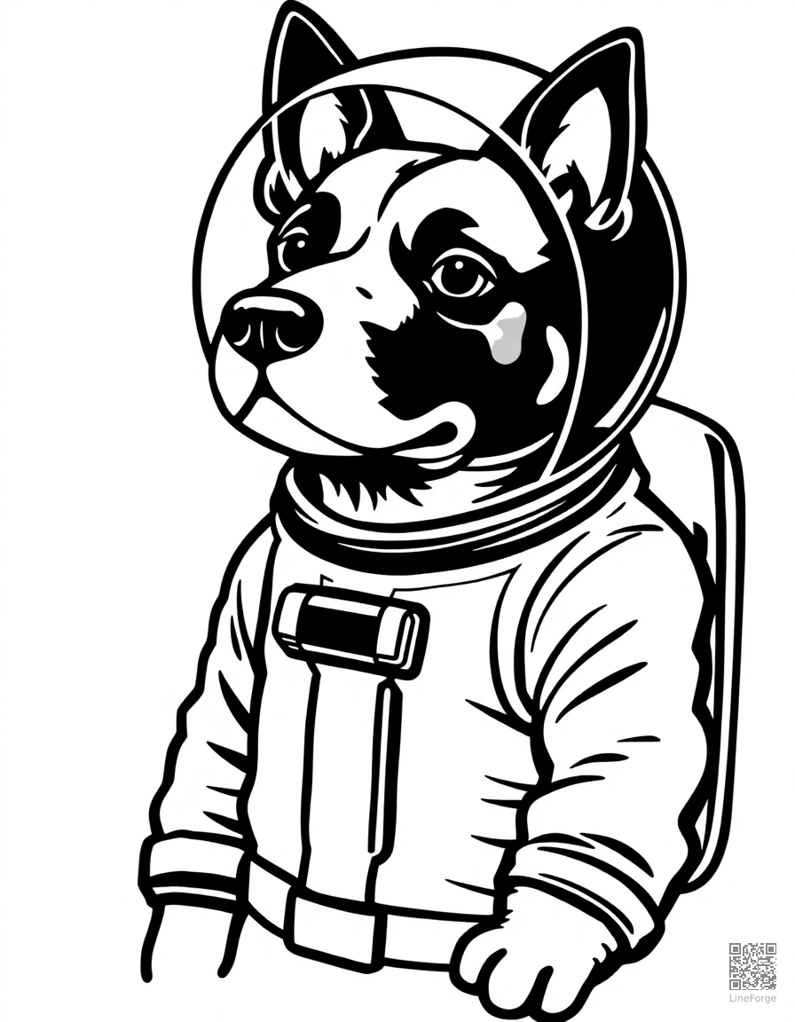 space dog in an astronaut suit coloring page Woodcut style free printable