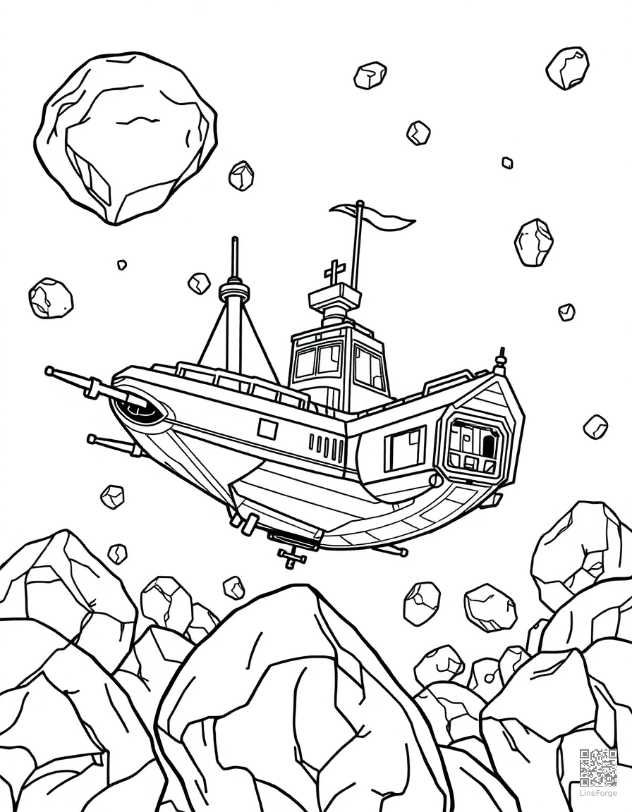 space pirate ship among asteroids coloring page Contour style - free printable