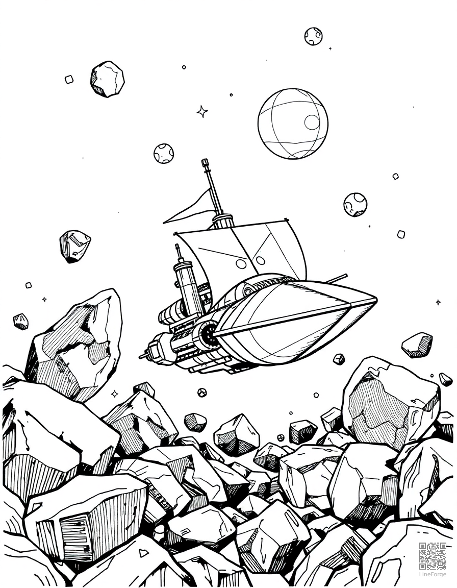space pirate ship among asteroids coloring page Crosshatch style - free printable
