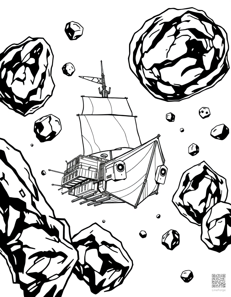 space pirate ship among asteroids coloring page Manga style - free printable