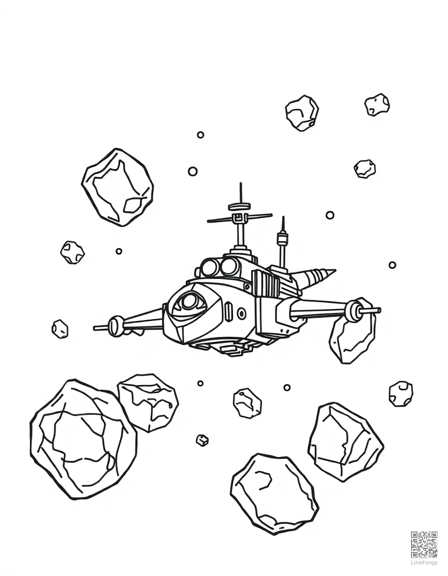 space pirate ship among asteroids coloring page Minimal style - free printable