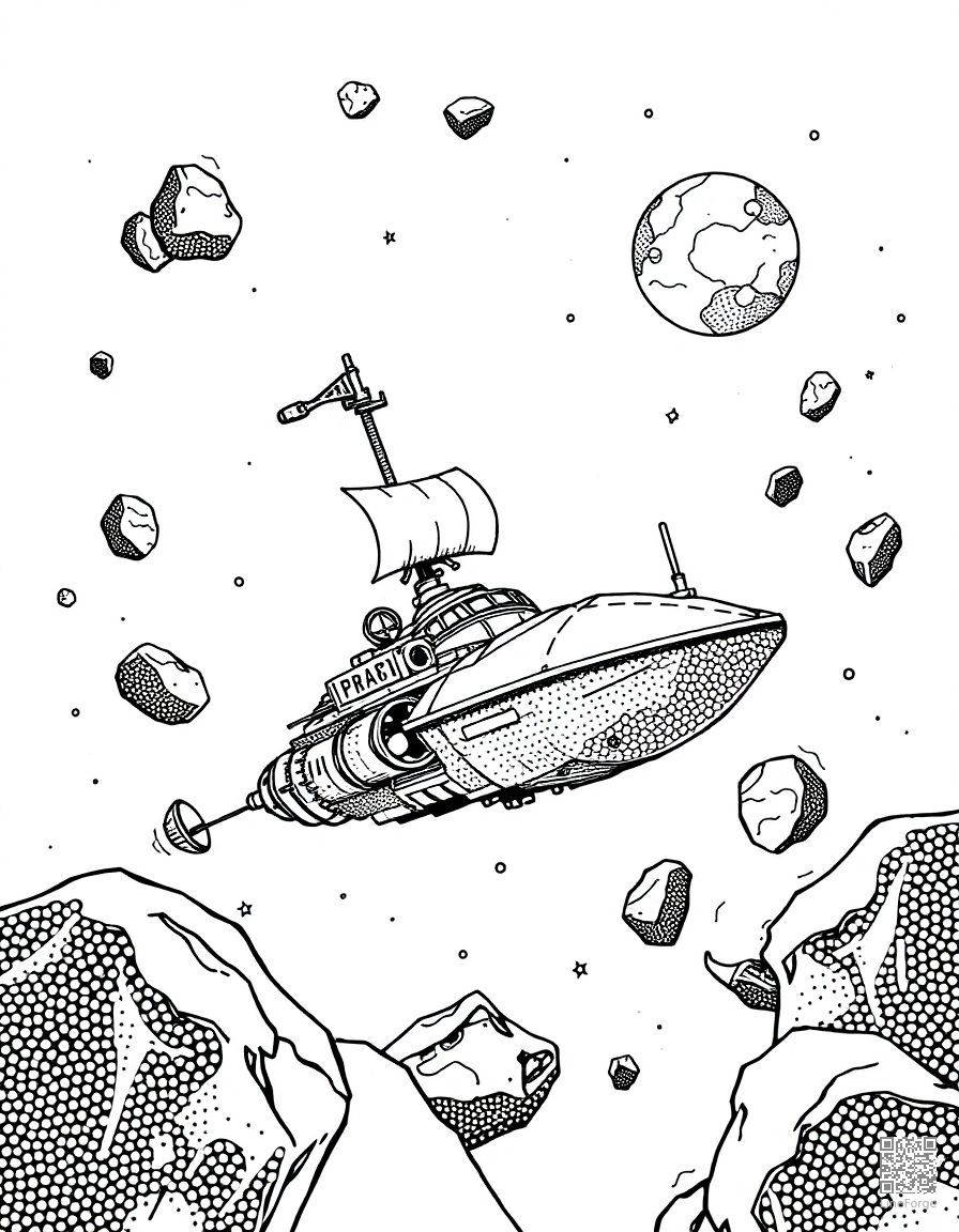 space pirate ship among asteroids coloring page Stipple style - free printable