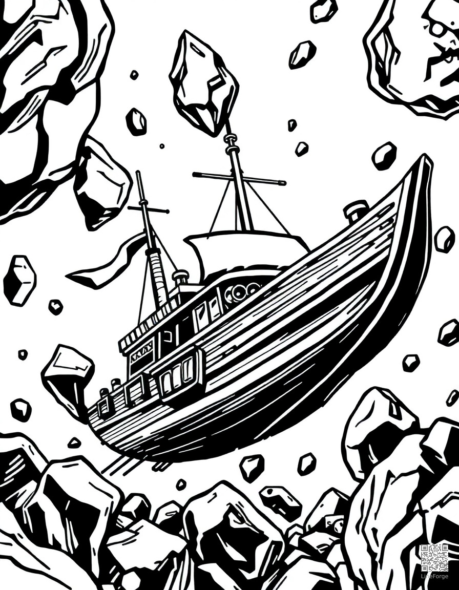 space pirate ship among asteroids coloring page Woodcut style - free printable