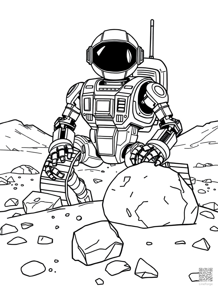 Space robot on Mars collecting rock samples coloring page Contour style free printable
