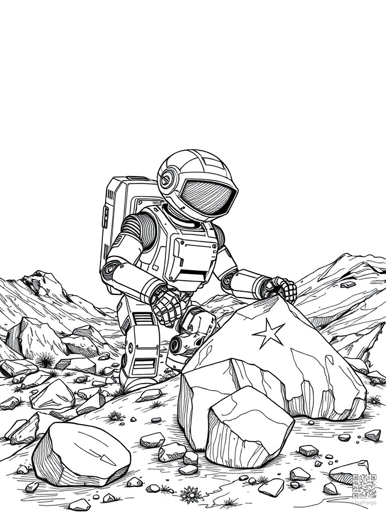 Space robot on Mars collecting rock samples coloring page Crosshatch style free printable