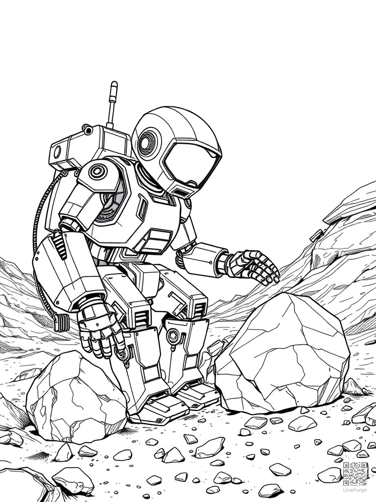 Space robot on Mars collecting rock samples coloring page Manga style free printable