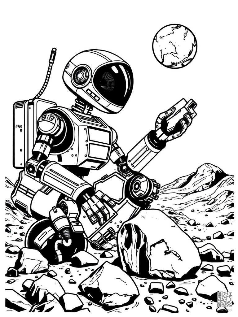 Space robot on Mars collecting rock samples coloring page Woodcut style free printable