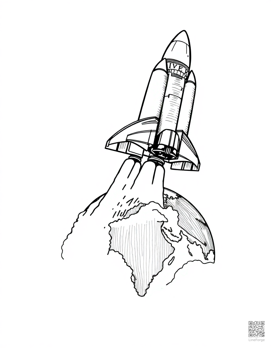 space shuttle launching from earth coloring page Crosshatch style free printable