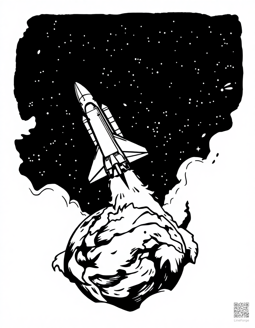 space shuttle launching from earth coloring page Woodcut style free printable