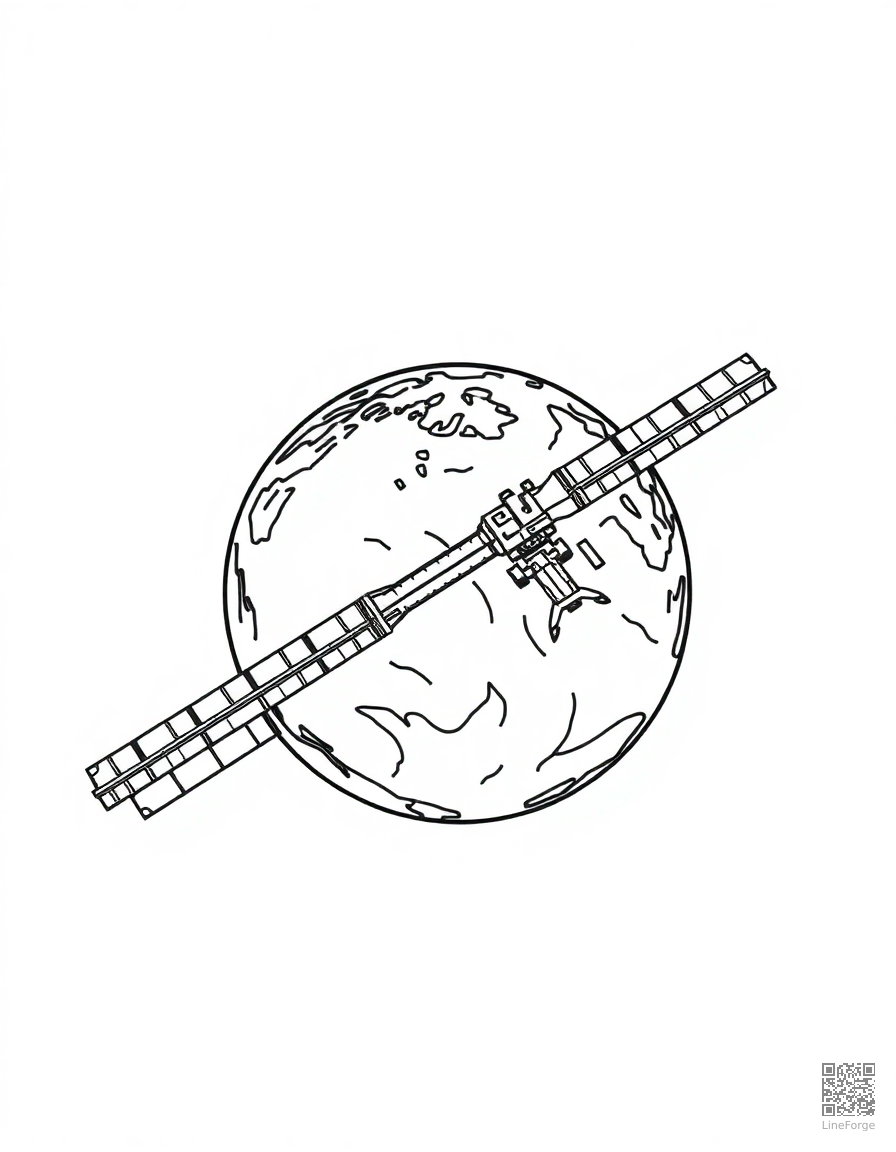 Space station orbiting Earth coloring page Contour style free printable
