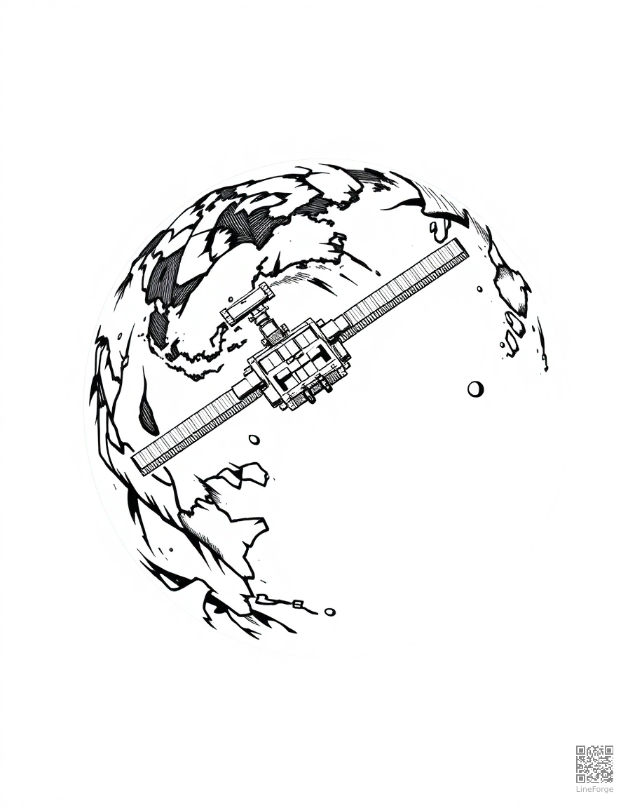 Space station orbiting Earth coloring page Crosshatch style free printable