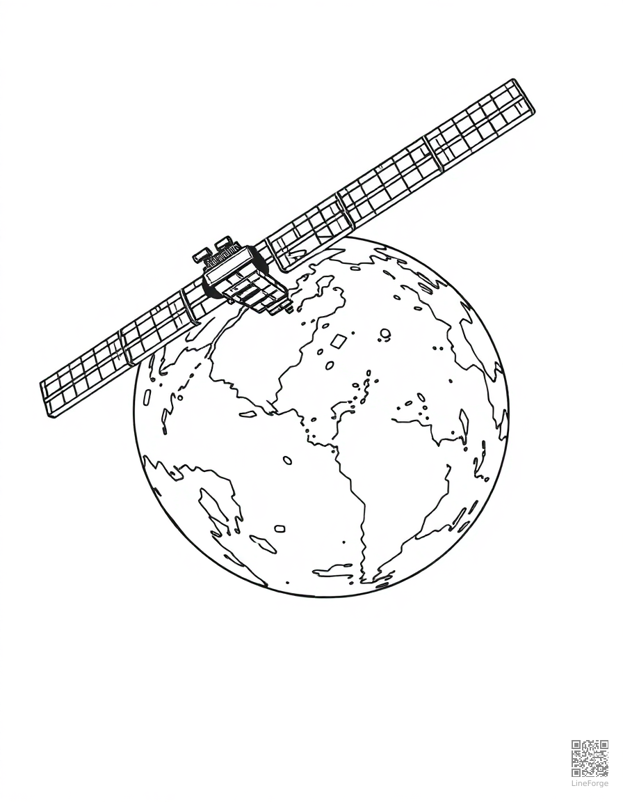 Space station orbiting Earth coloring page Manga style free printable