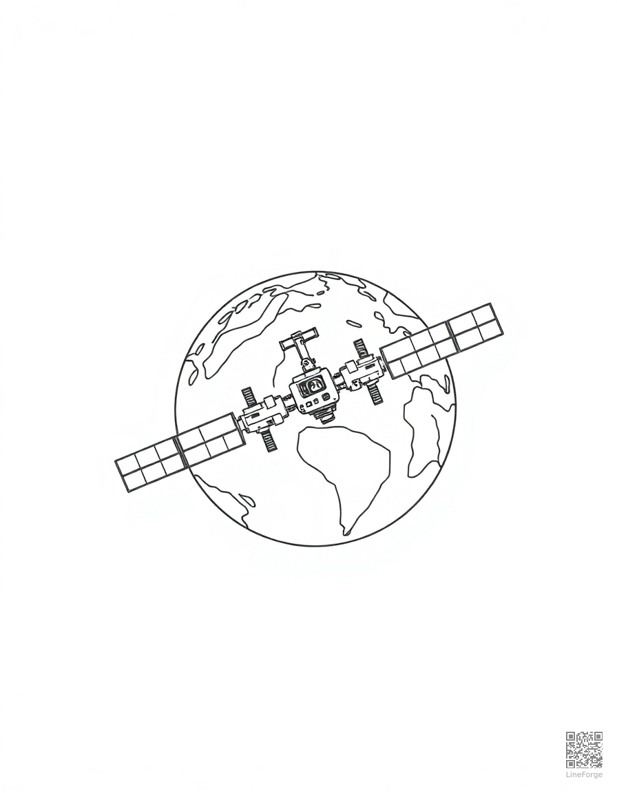 Space station orbiting Earth coloring page Minimal style free printable