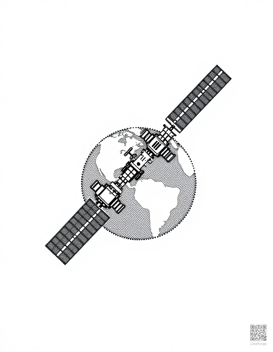 Space station orbiting Earth coloring page Stipple style free printable