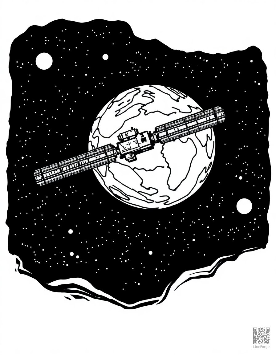 Space station orbiting Earth coloring page Woodcut style free printable