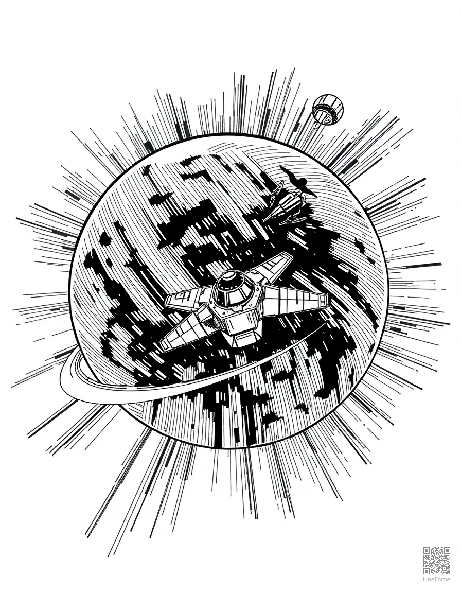 spacecraft orbiting a planet coloring page Crosshatch style free printable