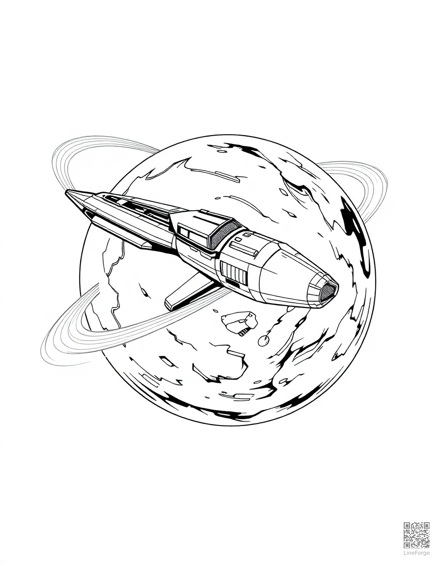 spacecraft orbiting a planet coloring page Manga style free printable