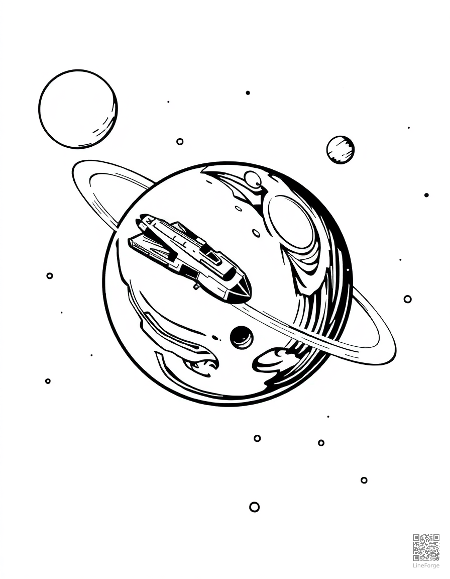 spacecraft orbiting a planet coloring page Woodcut style free printable