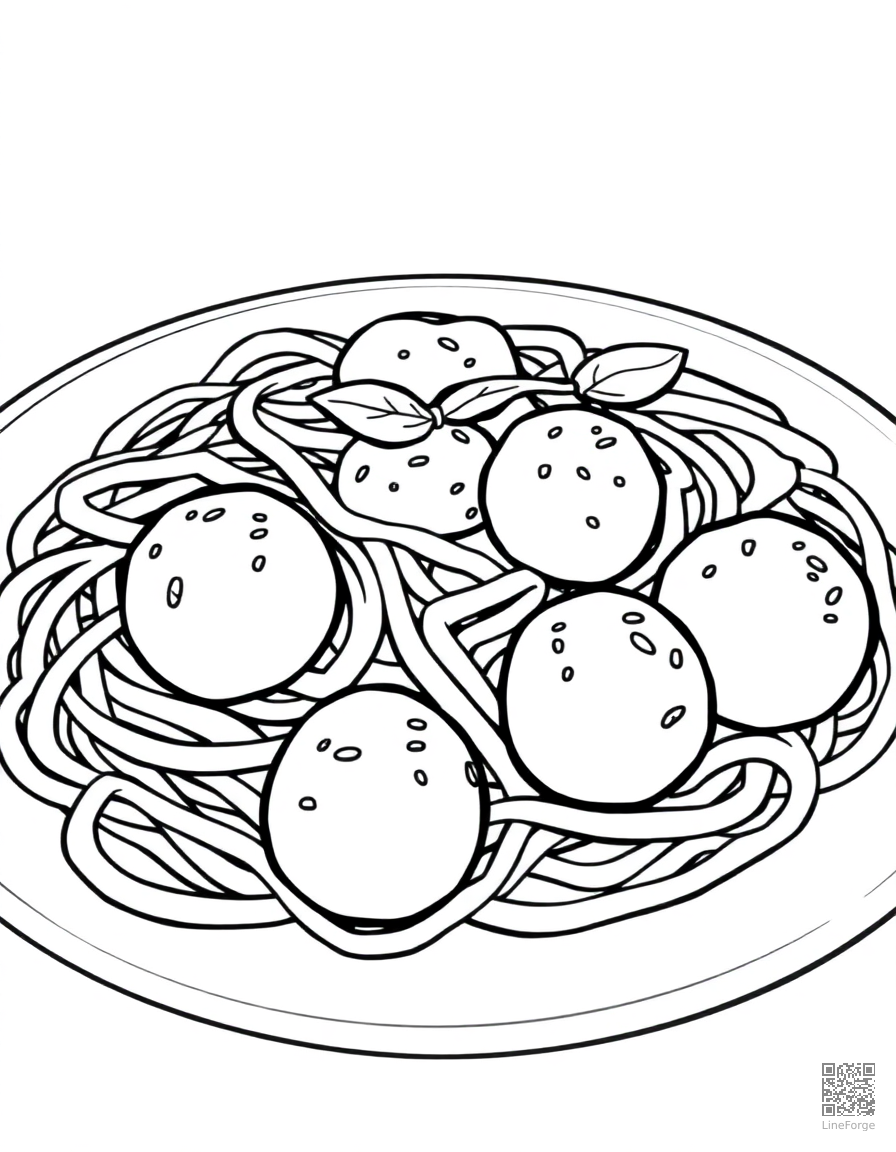 spaghetti and meatballs on a plate coloring page Contour style - free printable