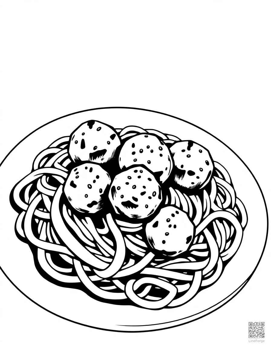 spaghetti and meatballs on a plate coloring page Crosshatch style - free printable