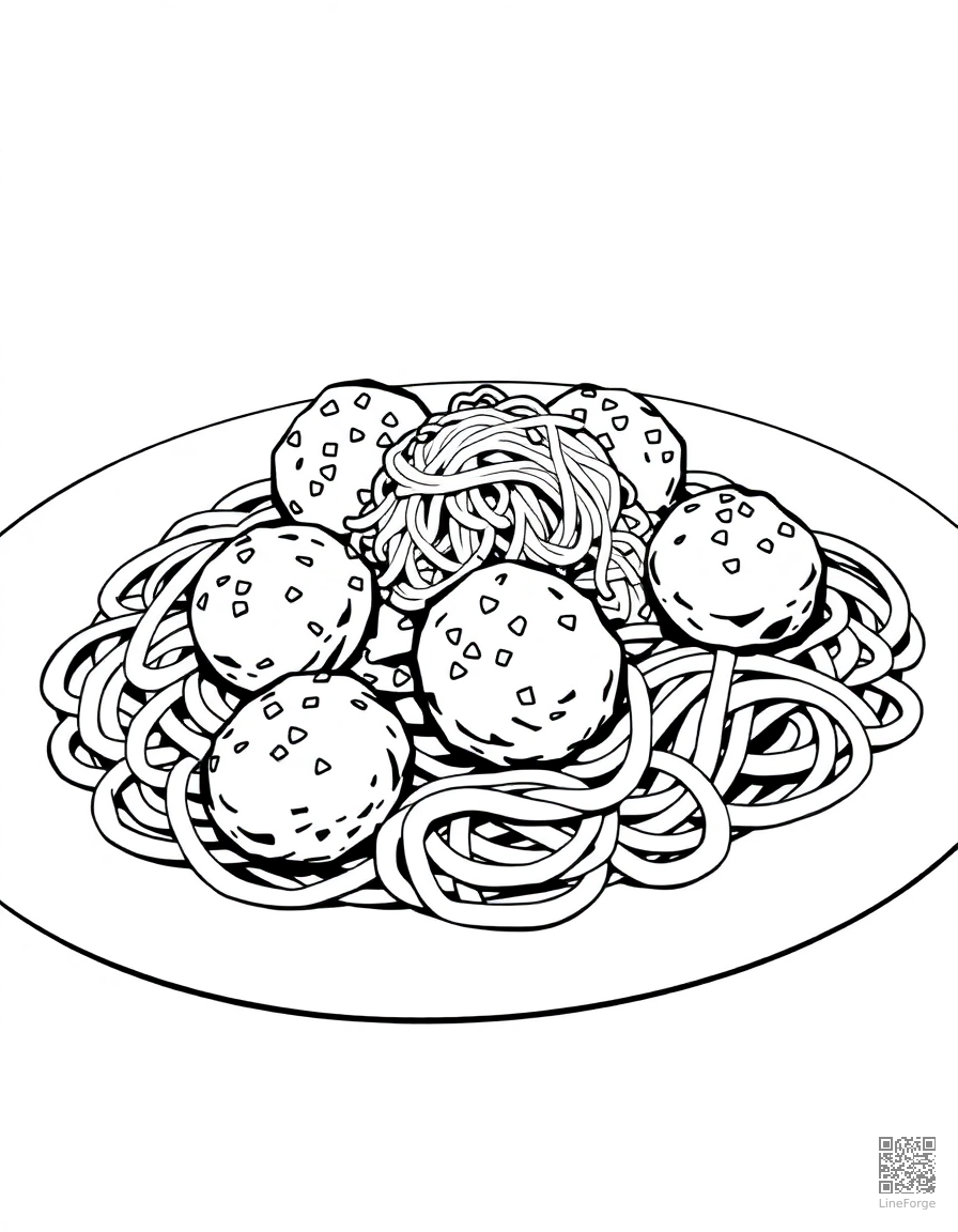 spaghetti and meatballs on a plate coloring page Manga style - free printable
