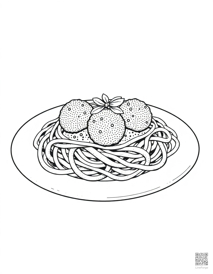 spaghetti and meatballs on a plate coloring page Stipple style - free printable