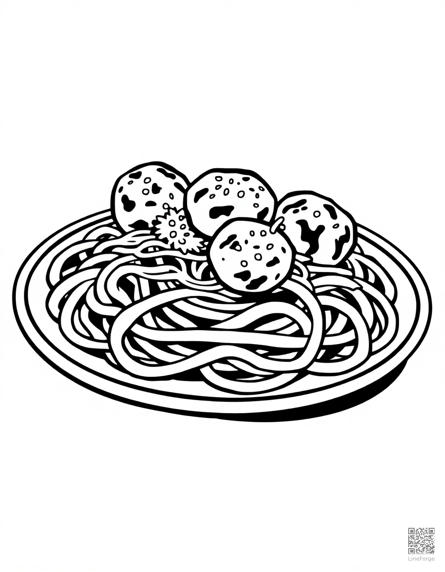spaghetti and meatballs on a plate coloring page Woodcut style - free printable