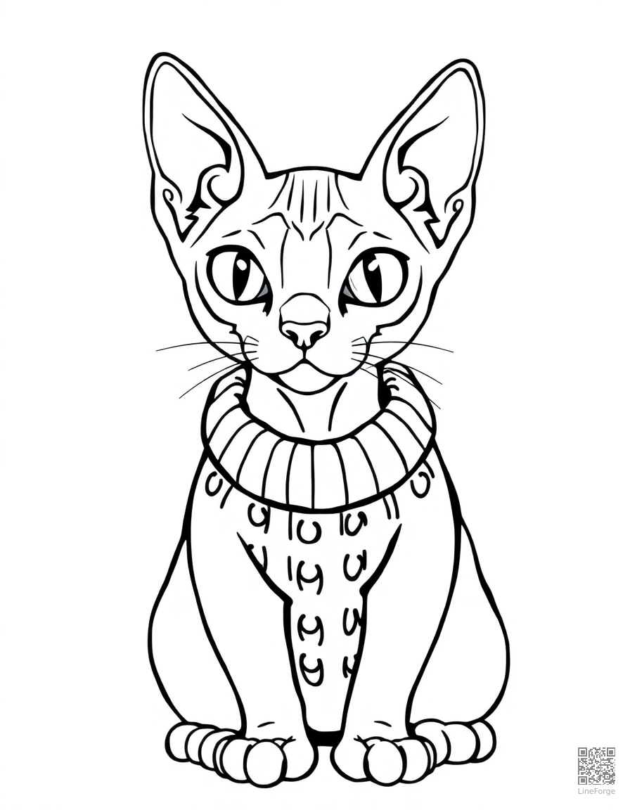 Free sphynx cat wearing a tiny sweater coloring page in contour style — printable line art