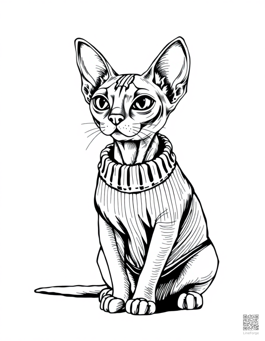 Free sphynx cat wearing a tiny sweater coloring page in crosshatch style — printable line art