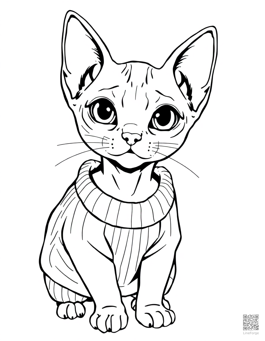 Free sphynx cat wearing a tiny sweater coloring page in manga style — printable line art