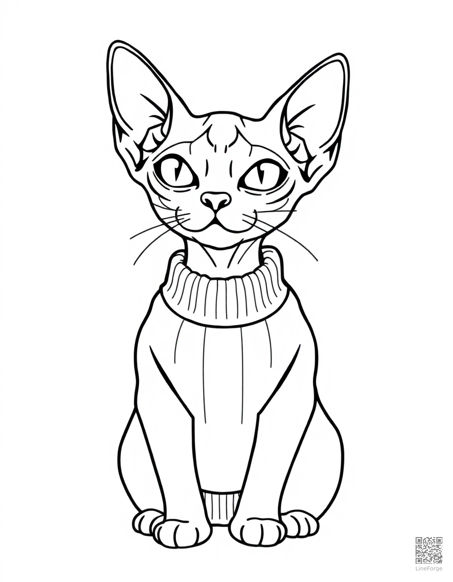 Free sphynx cat wearing a tiny sweater coloring page in minimal style — printable line art