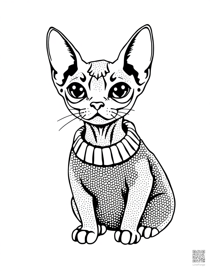 Free sphynx cat wearing a tiny sweater coloring page in stipple style — printable line art