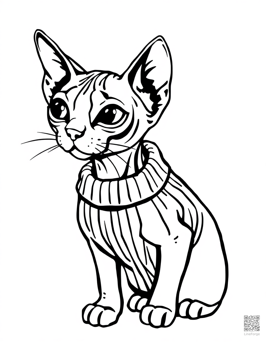 Free sphynx cat wearing a tiny sweater coloring page in woodcut style — printable line art