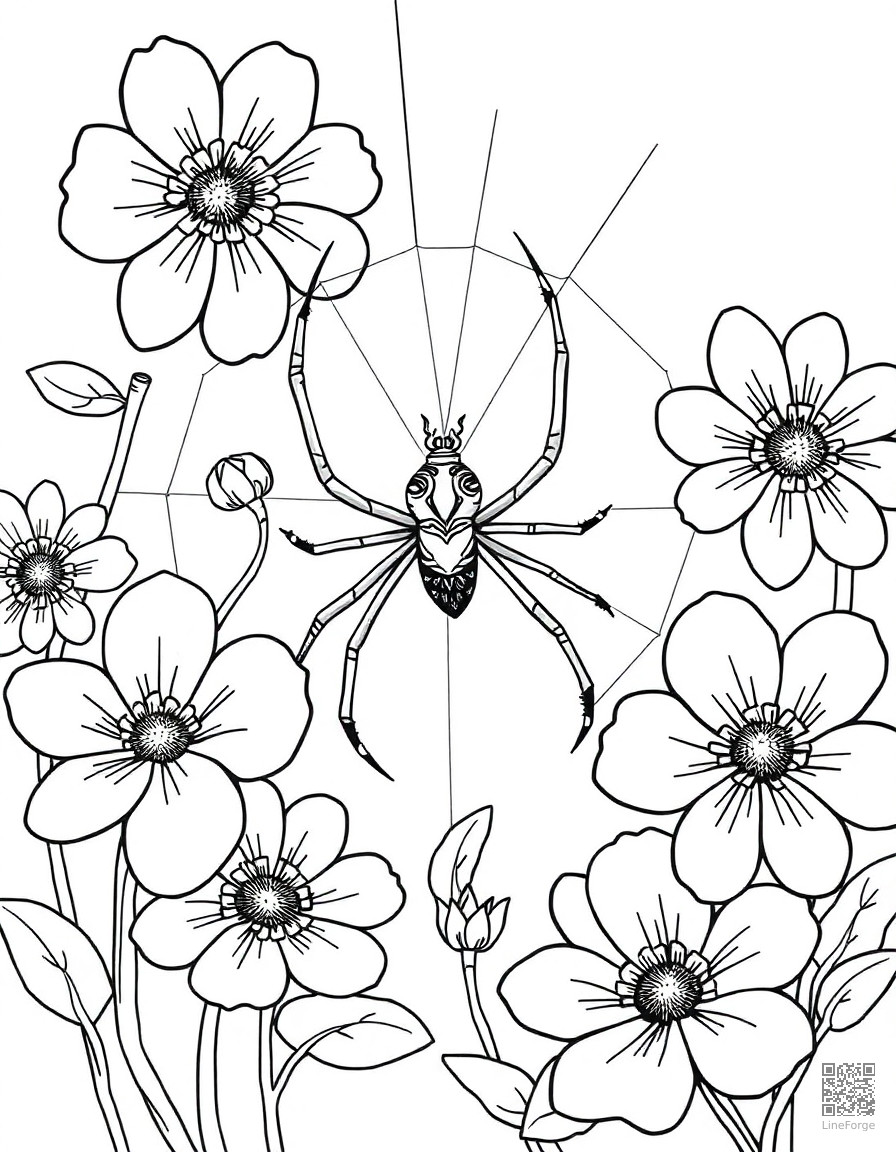 spider spinning a web between flowers coloring page Contour style - free printable