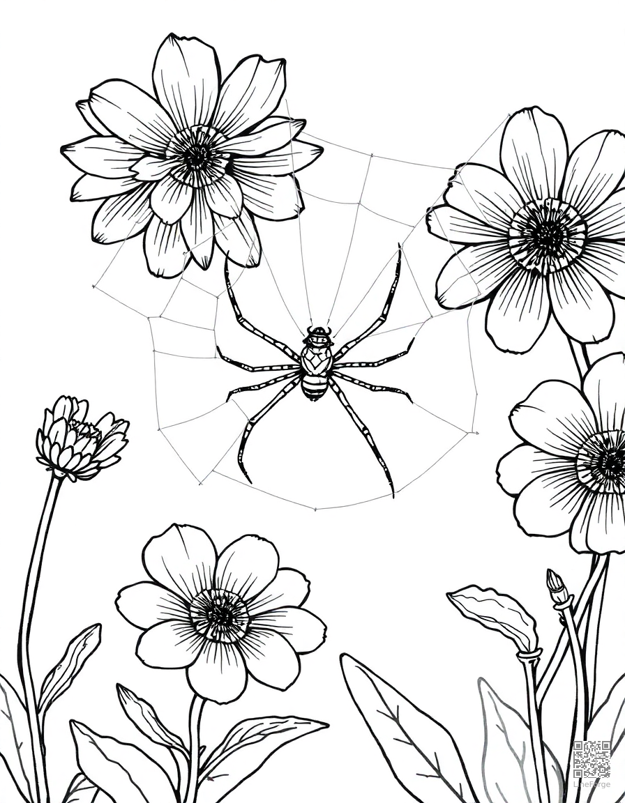 spider spinning a web between flowers coloring page Crosshatch style - free printable
