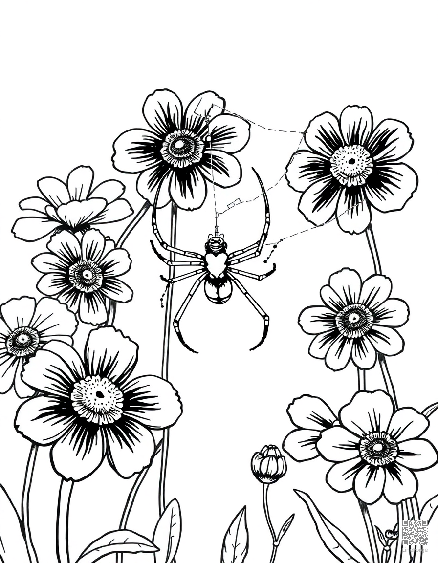 spider spinning a web between flowers coloring page Manga style - free printable
