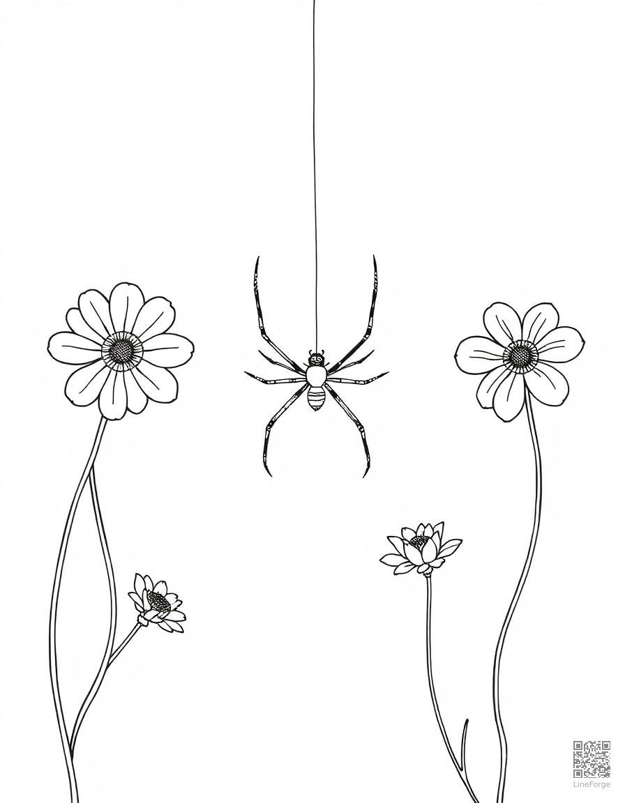 spider spinning a web between flowers coloring page Minimal style - free printable