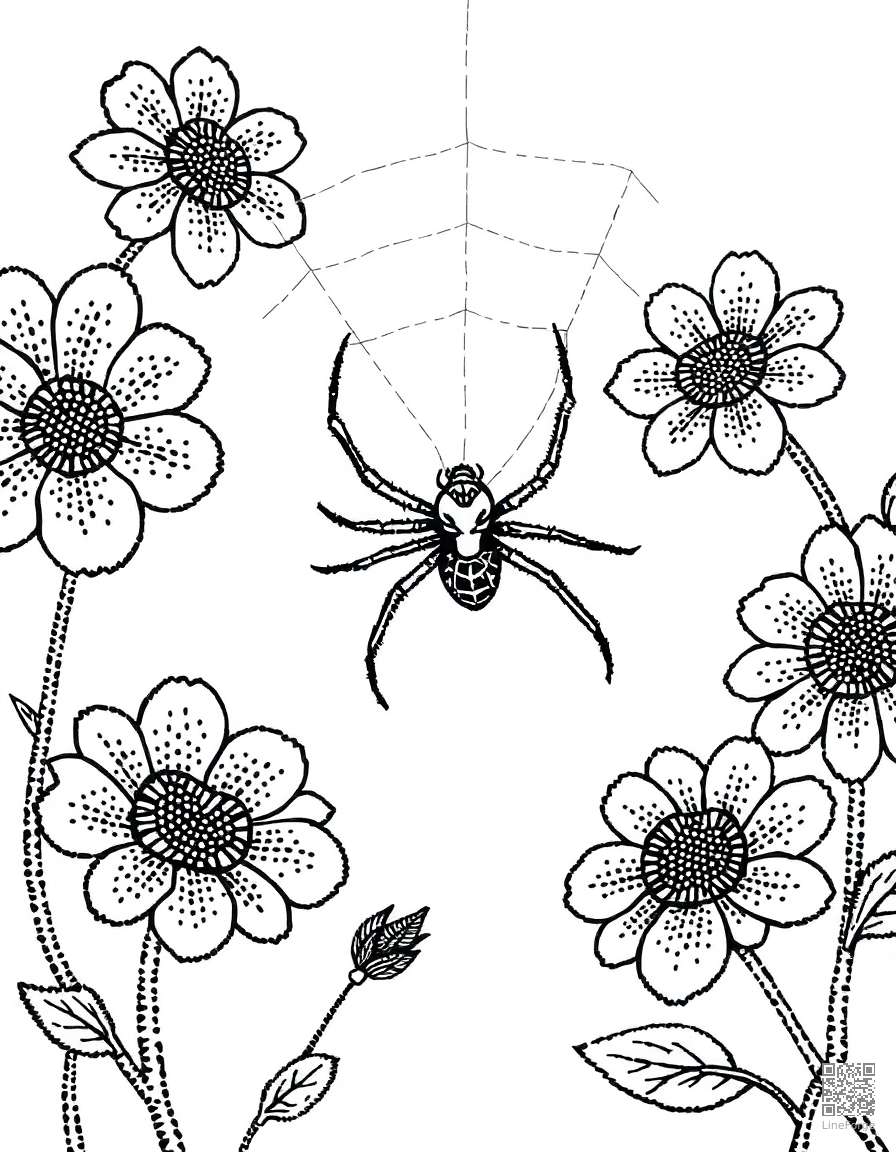 spider spinning a web between flowers coloring page Stipple style - free printable