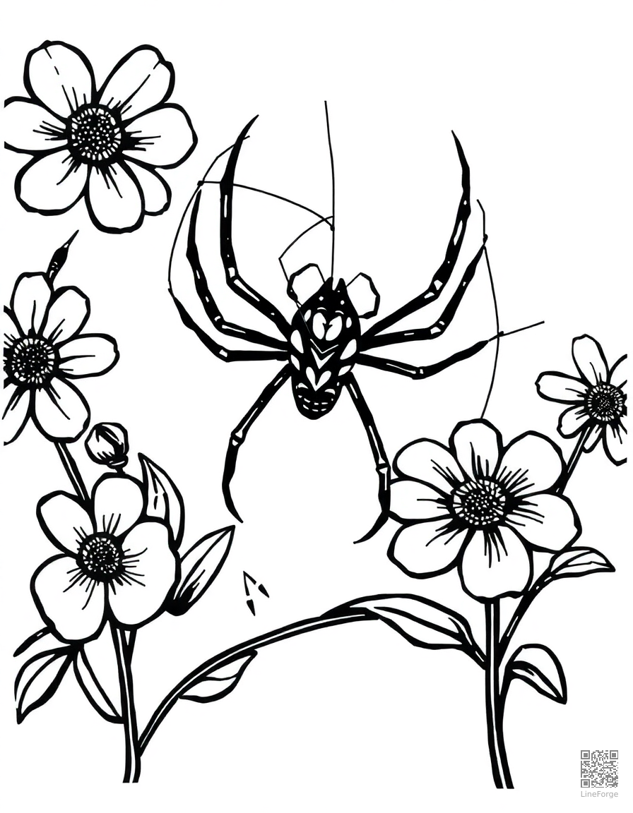 spider spinning a web between flowers coloring page Woodcut style - free printable