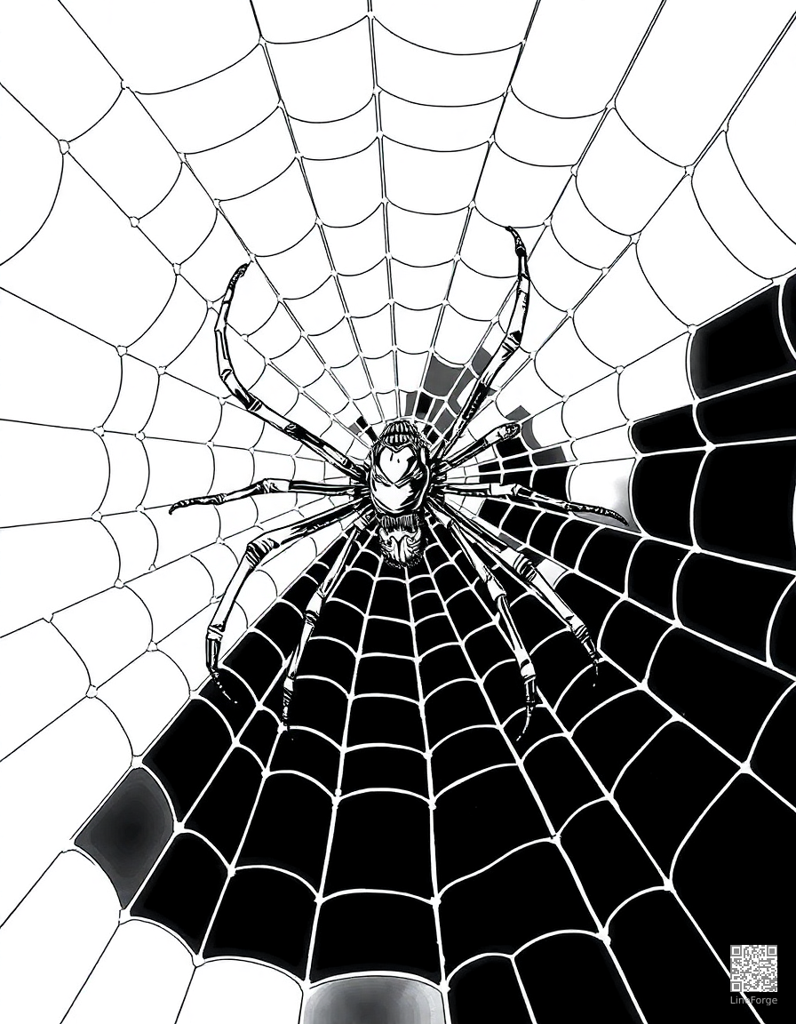 spider spinning an intricate web coloring page Crosshatch style - free printable