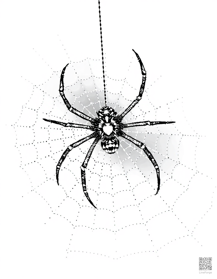 spider spinning an intricate web coloring page Stipple style - free printable