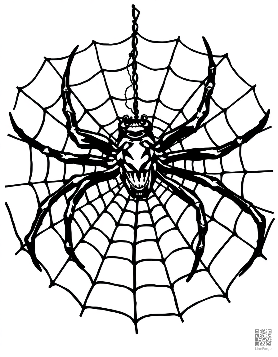 spider spinning an intricate web coloring page Woodcut style - free printable