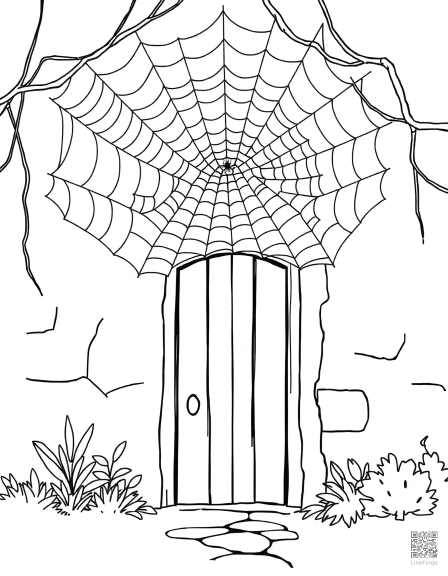 spider web covering an old house entrance coloring page Contour style - free printable
