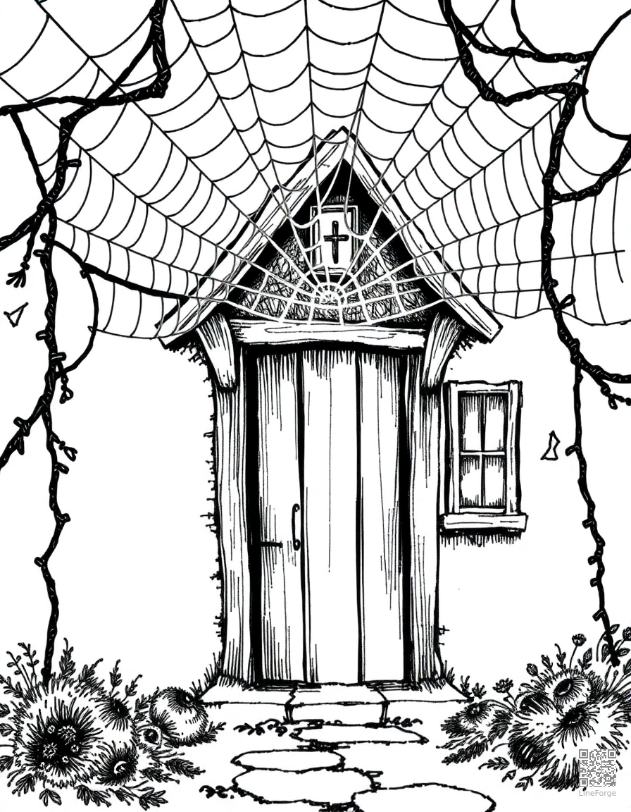 spider web covering an old house entrance coloring page Crosshatch style - free printable